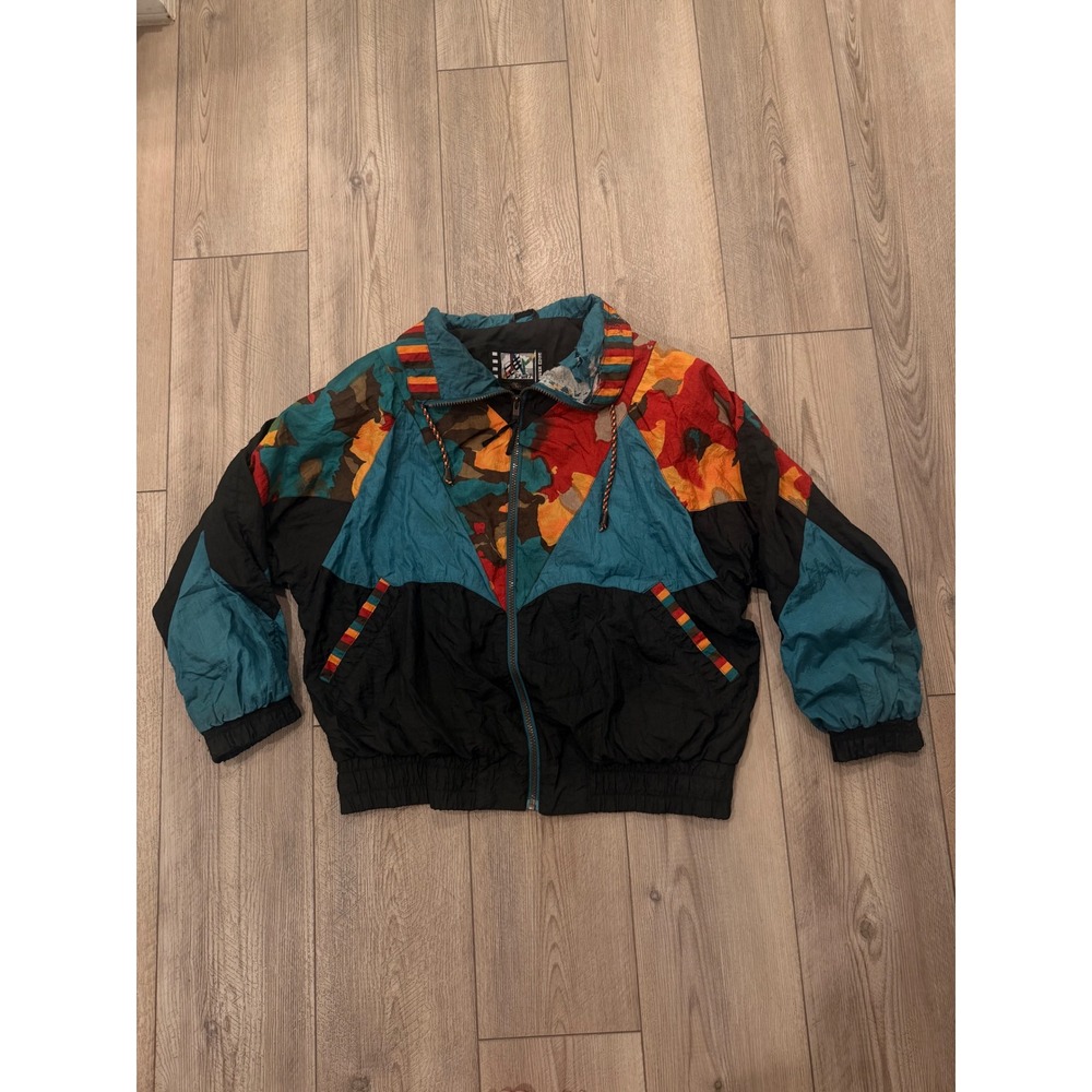Vintage River Edge Sport Windbreaker Jacket Colorblock Camo Teal Black PL